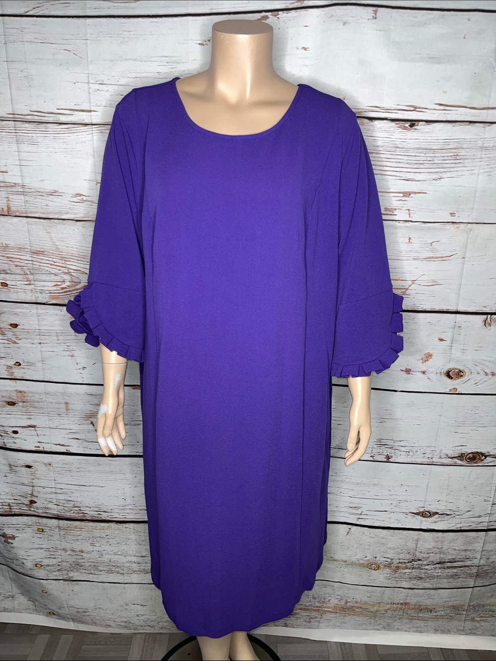 Catherines NWT Size 4X Purple Ruffle Sleeve Midi Length Shift Dress